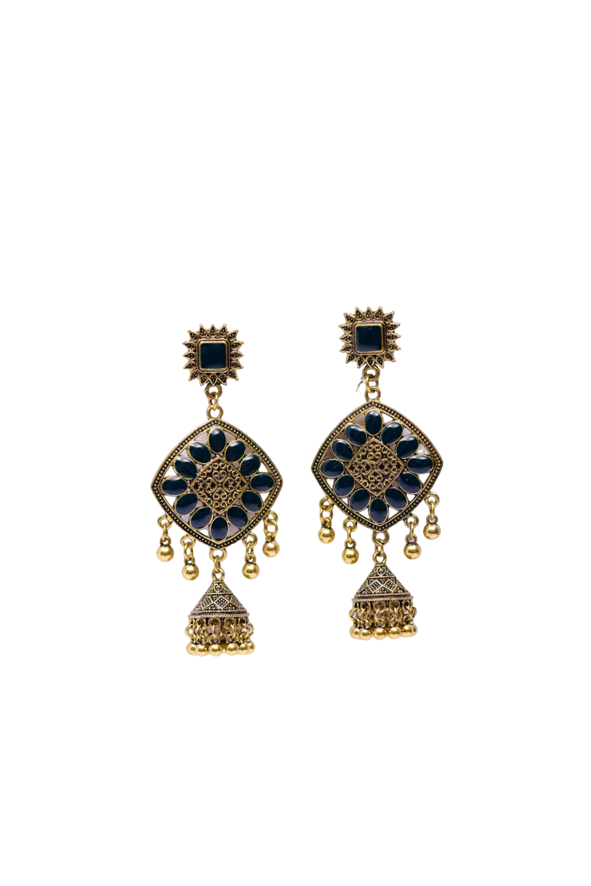 Namokriti Timeless Elegance: Square & Diamond-Shape Gold-Plated Jhumka with Green Stones & Hanging Beads